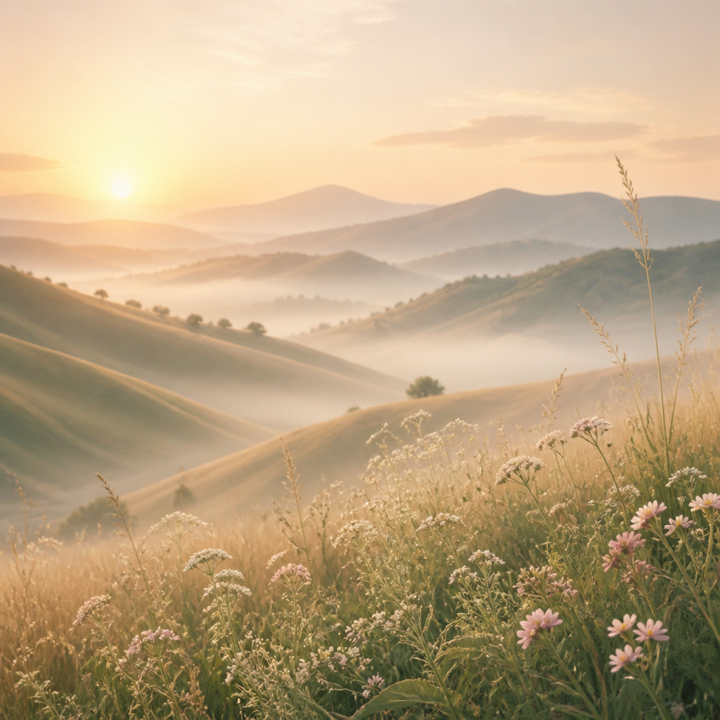 Soft morning light over rolling hills and wildflowers